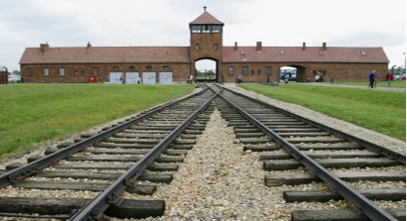 A train tracks leading to Auschwitz concentration camp

Description automatically generated